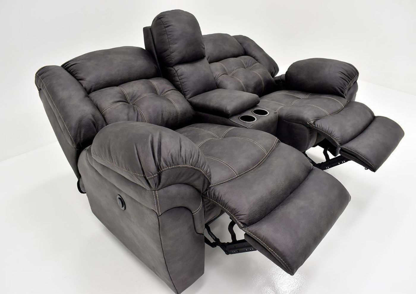 Gray Denton POWER Reclining Loveseat by HomeStretch Showing the Angle View with the Recliners Open, Made in the USA | Home Furniture Plus Bedding