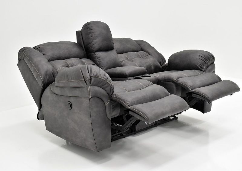 Gray Denton POWER Reclining Loveseat by HomeStretch Showing the Angle View with the Recliners Open, Made in the USA | Home Furniture Plus Bedding