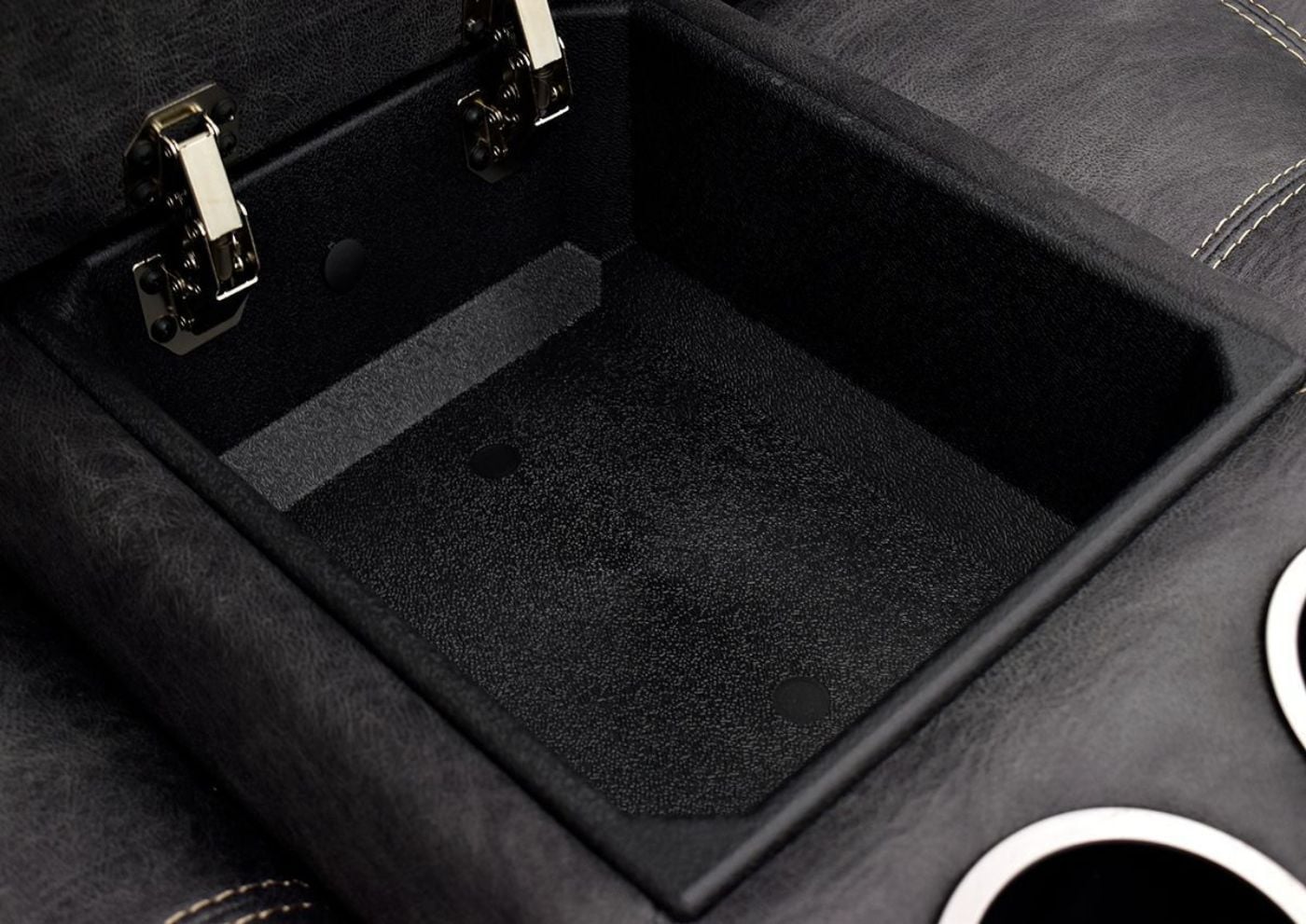 Gray Denton POWER Reclining Loveseat by HomeStretch Showing the Storage Console, Made in the USA | Home Furniture Plus Bedding