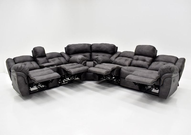 Gray Denton Reclining Sectional Sofa Set by HomeStretch Showing the Front View With the Recliners Open, Made in the USA | Home Furniture Plus Bedding