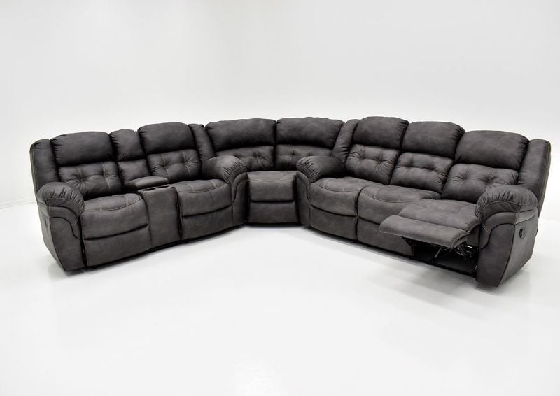 Gray Denton POWER Reclining Sectional Sofa Set by HomeStretch Showing the Front View With One Recliner Opened, Made in the USA | Home Furniture Plus Bedding