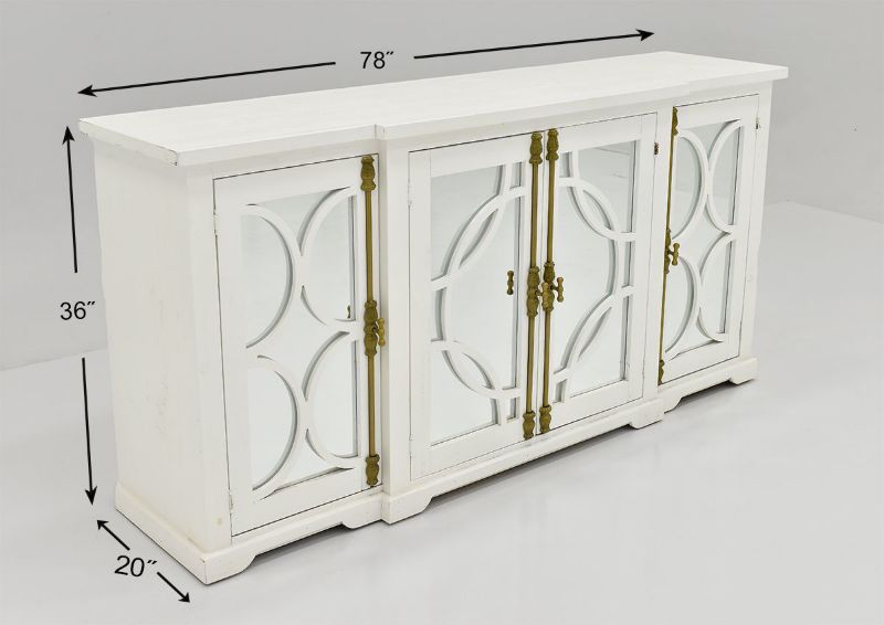 Circled 4 Door Cabinet with Mirror Accents by Vintage Furniture Showing the Dimensions | Home Furniture Plus Bedding