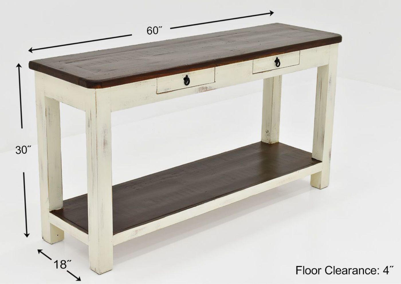 White and Brown Cottage Sofa Table by Vintage Showing the Dimensions | Home Furniture Plus Bedding