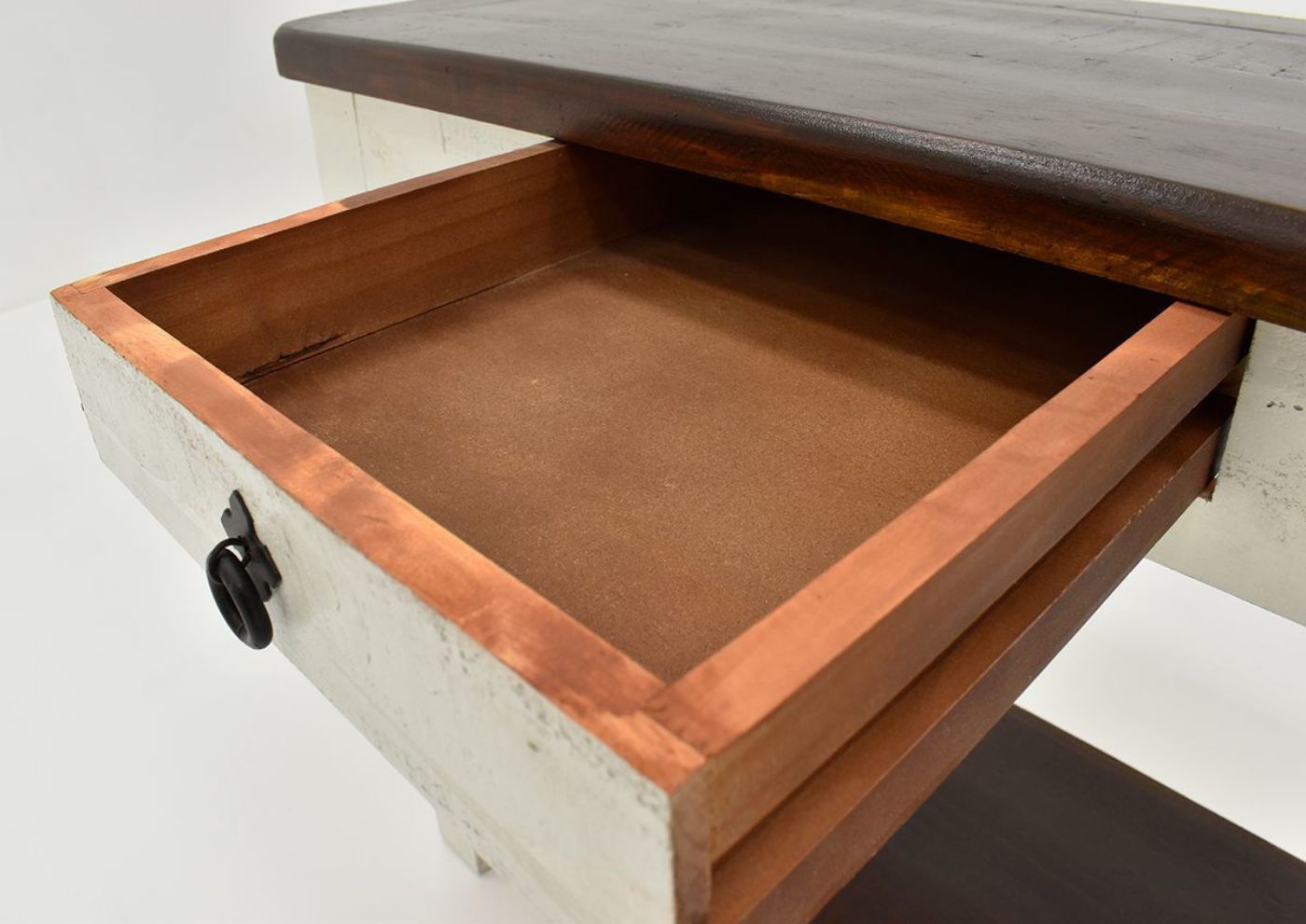 White and Brown Cottage Sofa Table by Vintage Showing the Drawer Detail | Home Furniture Plus Bedding