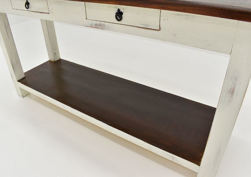 White and Brown Cottage Sofa Table by Vintage Showing the Lower Shelf | Home Furniture Plus Bedding