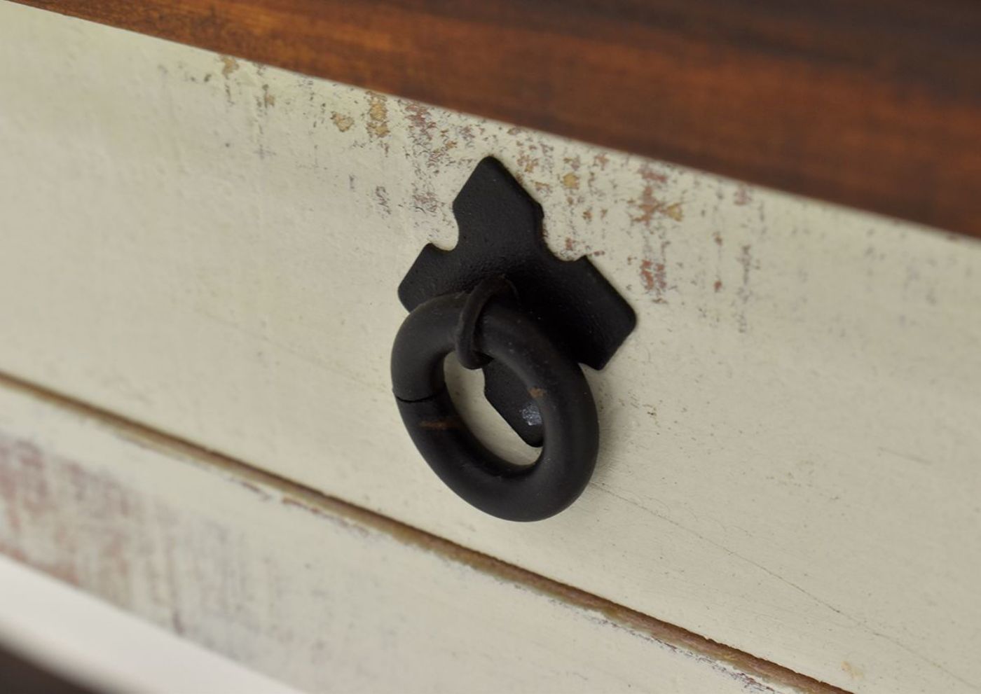 White and Brown Cottage Sofa Table by Vintage Showing the Drawer Pull | Home Furniture Plus Bedding