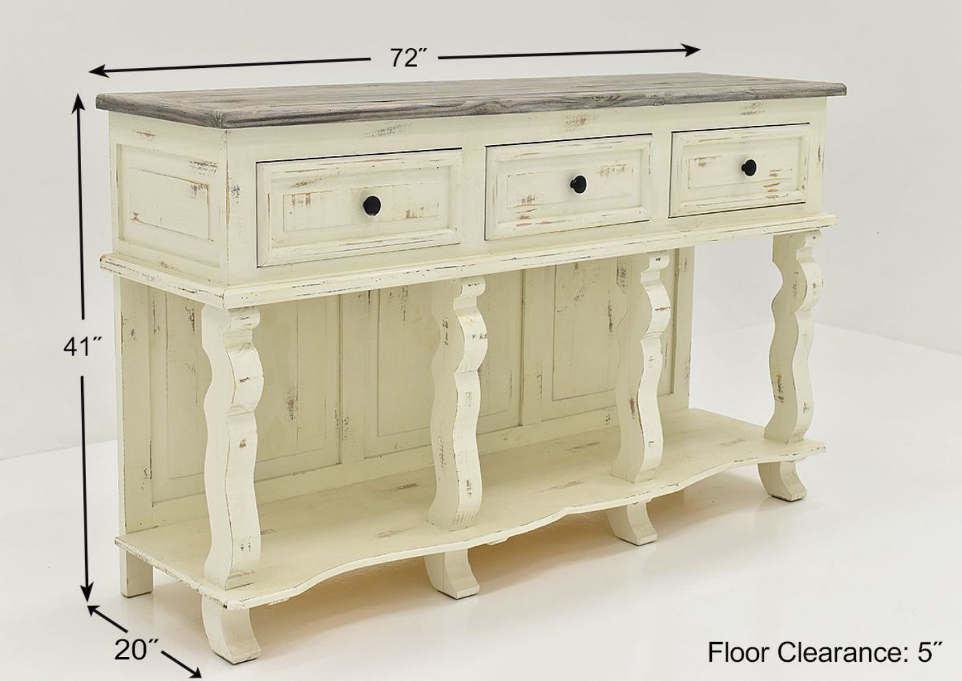 White and Gray Rio Carved Console Table by Vintage Furniture Showing the Dimensions | Home Furniture Plus Bedding