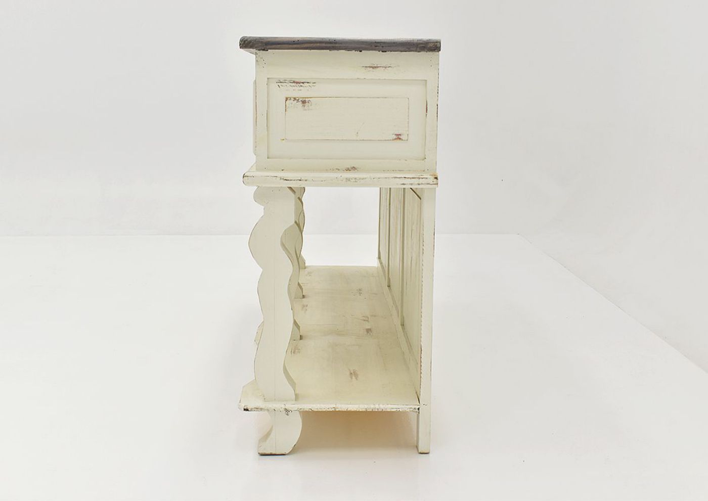 White and Gray Rio Carved Console Table by Vintage Furniture Showing the Side View | Home Furniture Plus Bedding