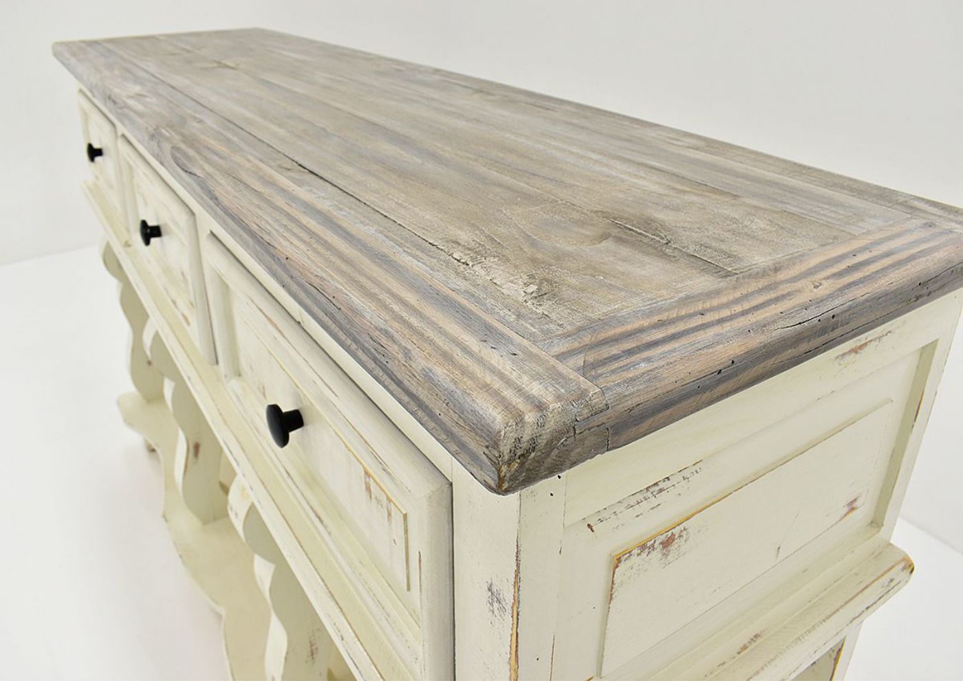 White and Gray Rio Carved Console Table by Vintage Furniture Showing the Top at an Angle | Home Furniture Plus Bedding