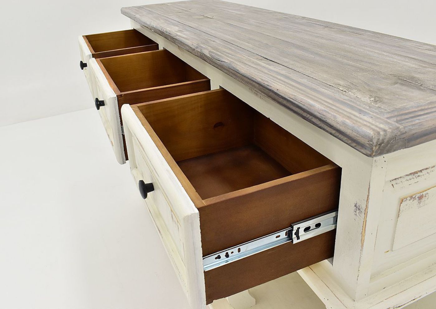 White and Gray Rio Carved Console Table by Vintage Furniture Showing the Drawers Open | Home Furniture Plus Bedding
