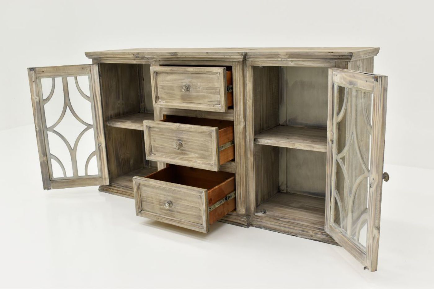 Gray Westgate Buffet Cabinet by Vintage Furniture Showing the Angle View With the Drawers and Doors Open | Home Furniture Plus Bedding