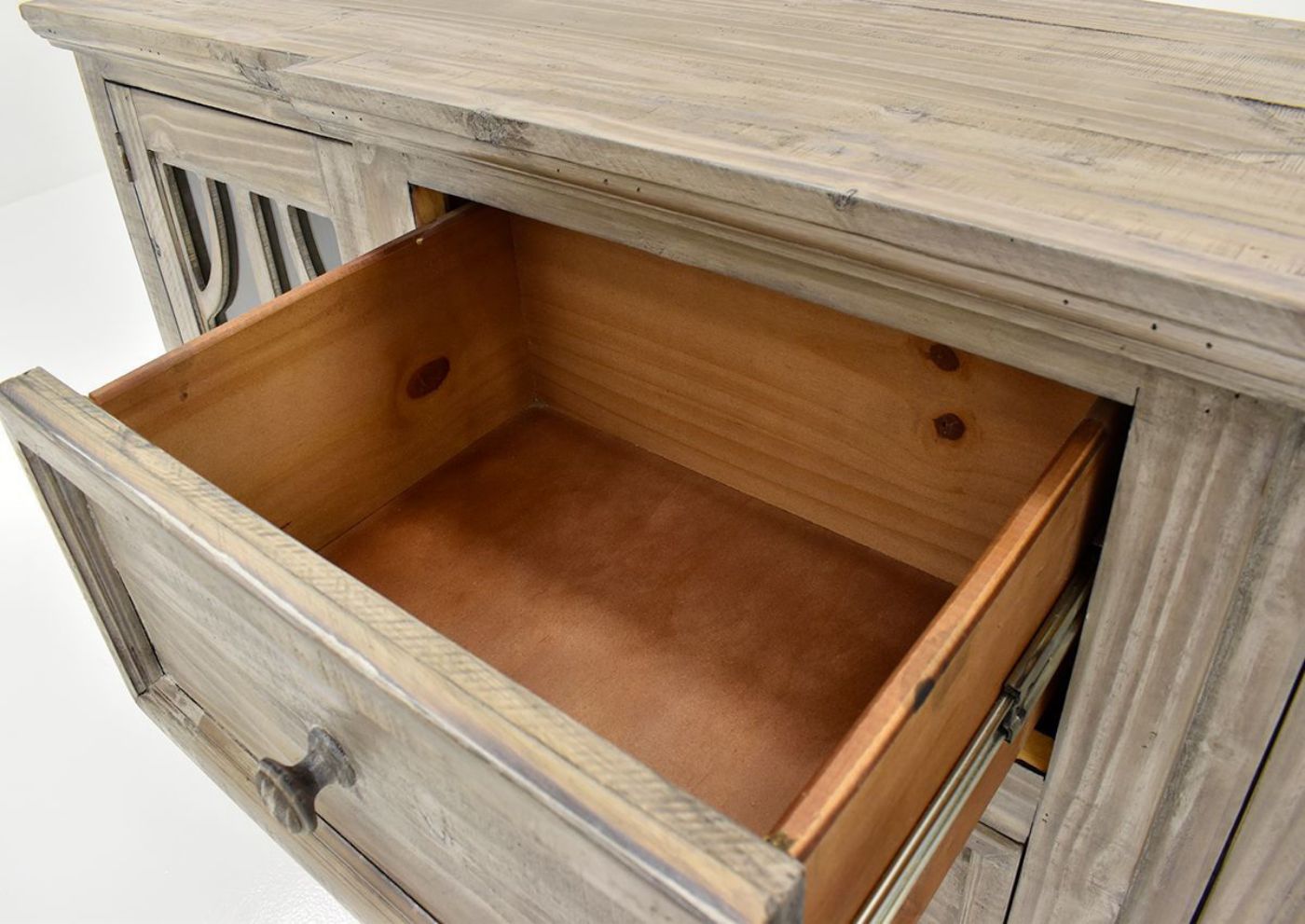 Gray Westgate Buffet Cabinet by Vintage Furniture Showing the Drawer Interior | Home Furniture Plus Bedding
