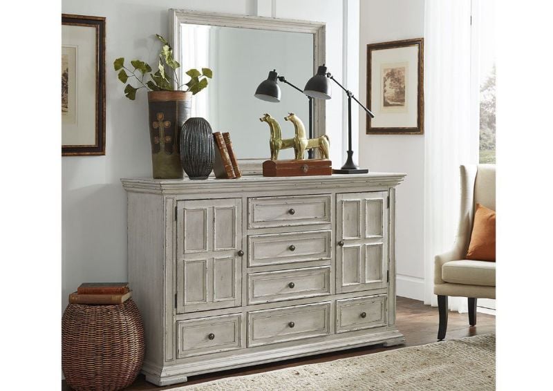 White Big Valley Dresser with Mirror by Liberty Furniture Showing the Room View | Home Furniture Plus Bedding