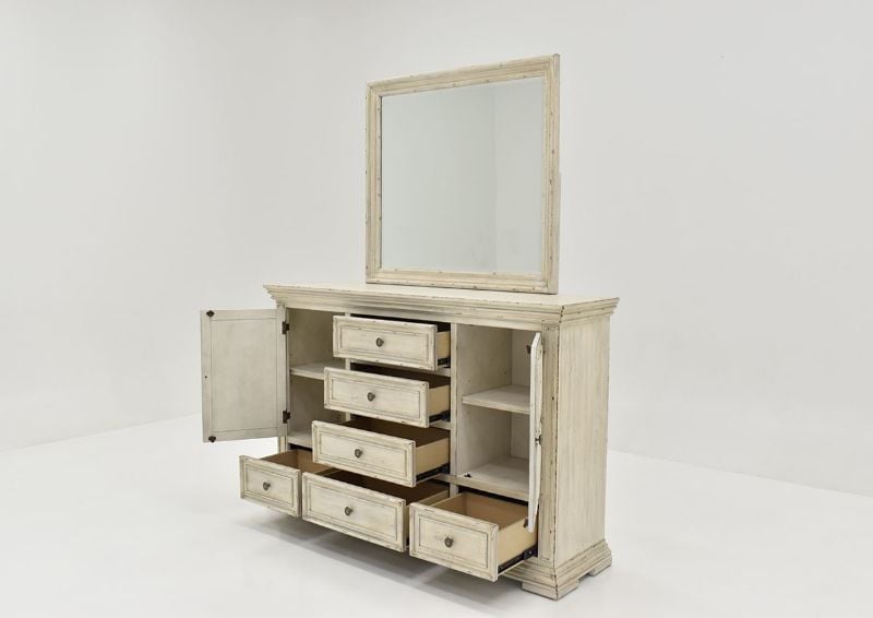 White Big Valley Dresser with Mirror by Liberty Furniture Showing the Angle View With the Doors and Drawers Open | Home Furniture Plus Bedding