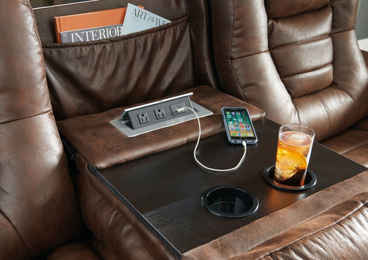 Brown Owners Box POWER Reclining Sofa by Ashley Showing the Drop Down Table Details | Home Furniture Plus Bedding