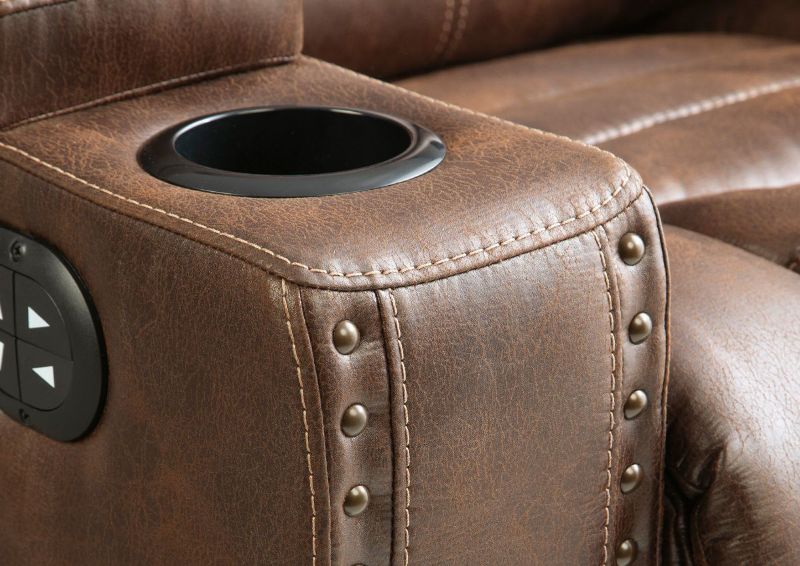 Brown Owners Box POWER Reclining Sofa by Ashley Showing the Cup Holder Details | Home Furniture Plus Bedding