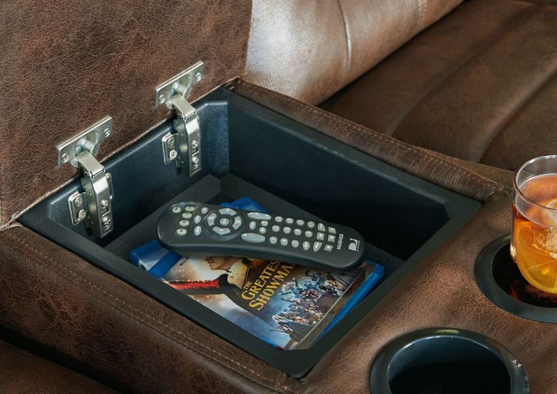 Brown Owners Box POWER Reclining Loveseat by Ashley Showing the Storage Console | Home Furniture Plus Bedding