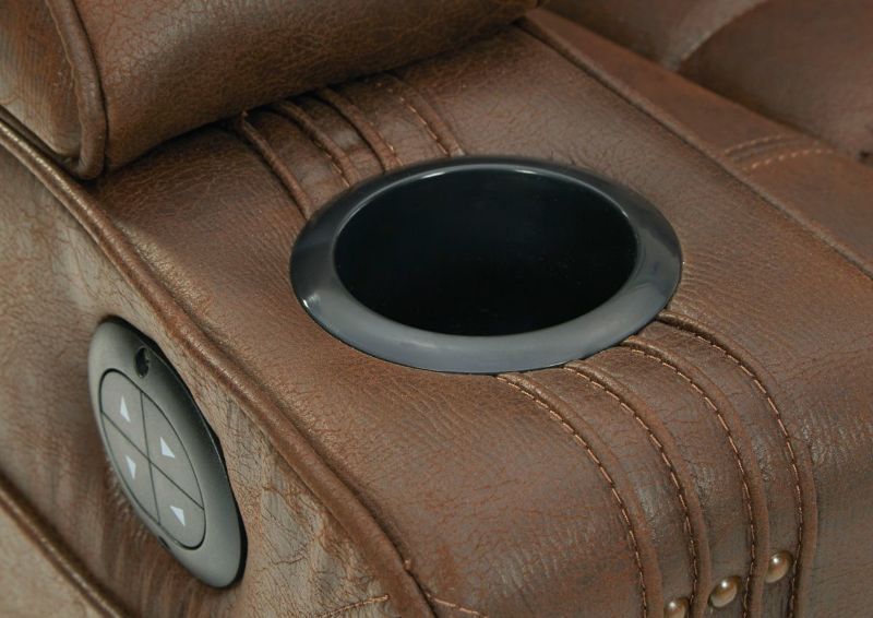 Brown Owners Box POWER Recliner by Ashley Showing the Cupholder Detail | Home Furniture Plus Bedding