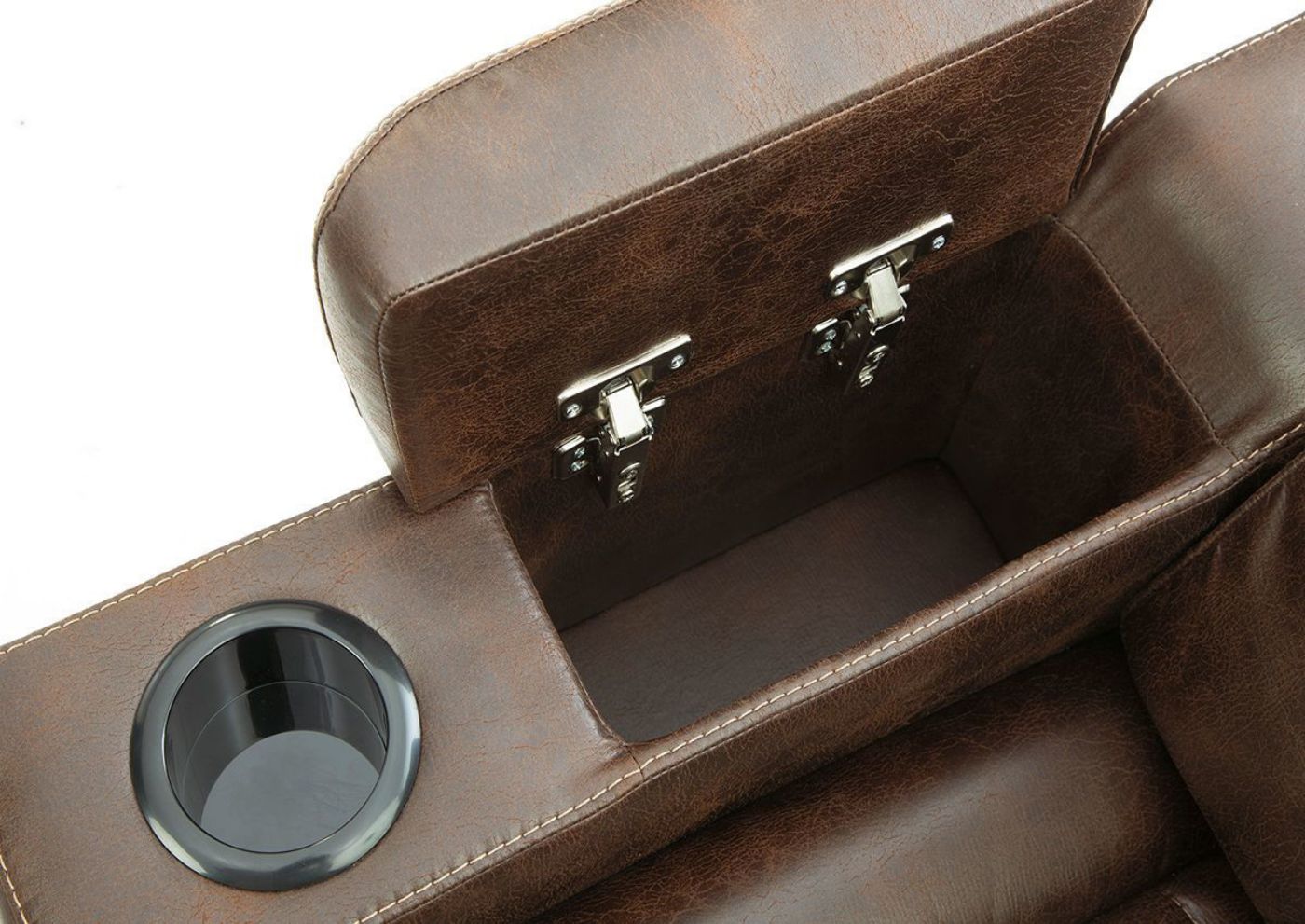 Brown Owners Box POWER Recliner by Ashley Showing the Storage Armrest | Home Furniture Plus Bedding