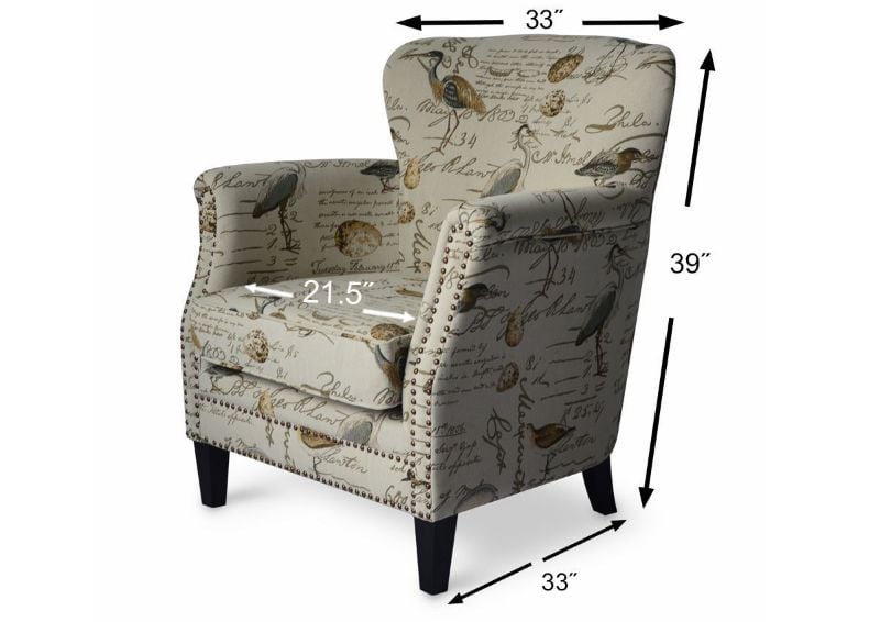 Off White Patterned Phoebe Accent Chair by Jofran Showing the Dimensions | Home Furniture Plus Bedding