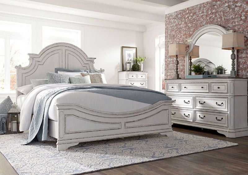 Antique White Magnolia Manor Queen Size Panel Bedroom Set by Liberty Furniture Showing the Room View | Home Furniture Plus Bedding