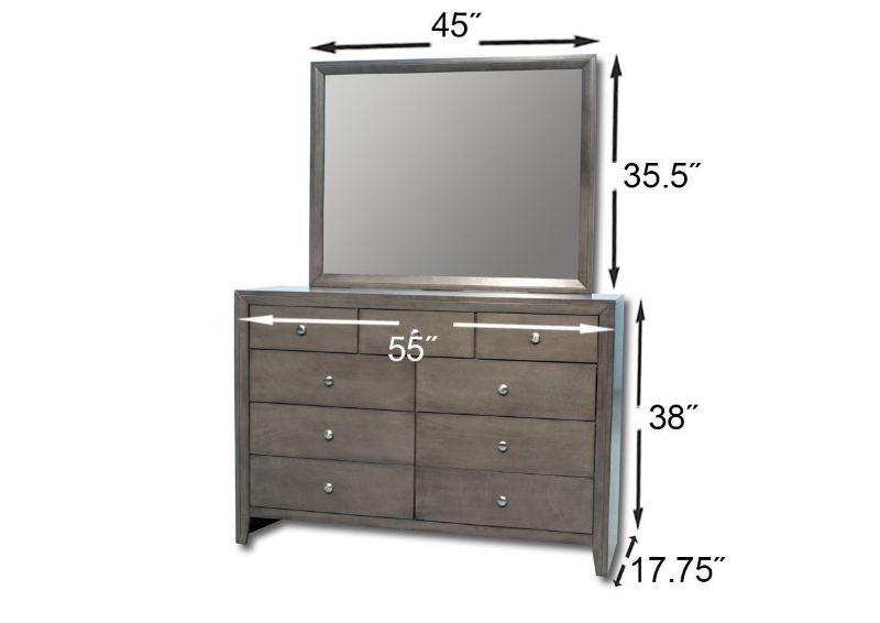 Gray Marshall Full Size Bedroom Set Showing the Dresser With Mirror Dimensions | Home Furniture Plus Bedding