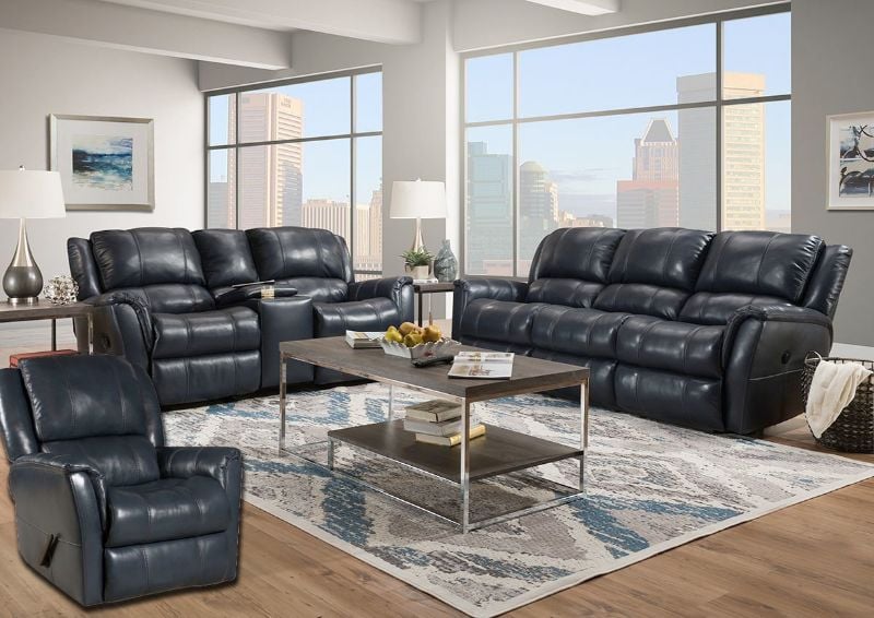 Navy Blue Mercury Reclining Sofa Set by Homestretch Showing the Room View,Made in the USA | Home Furniture Plus Bedding