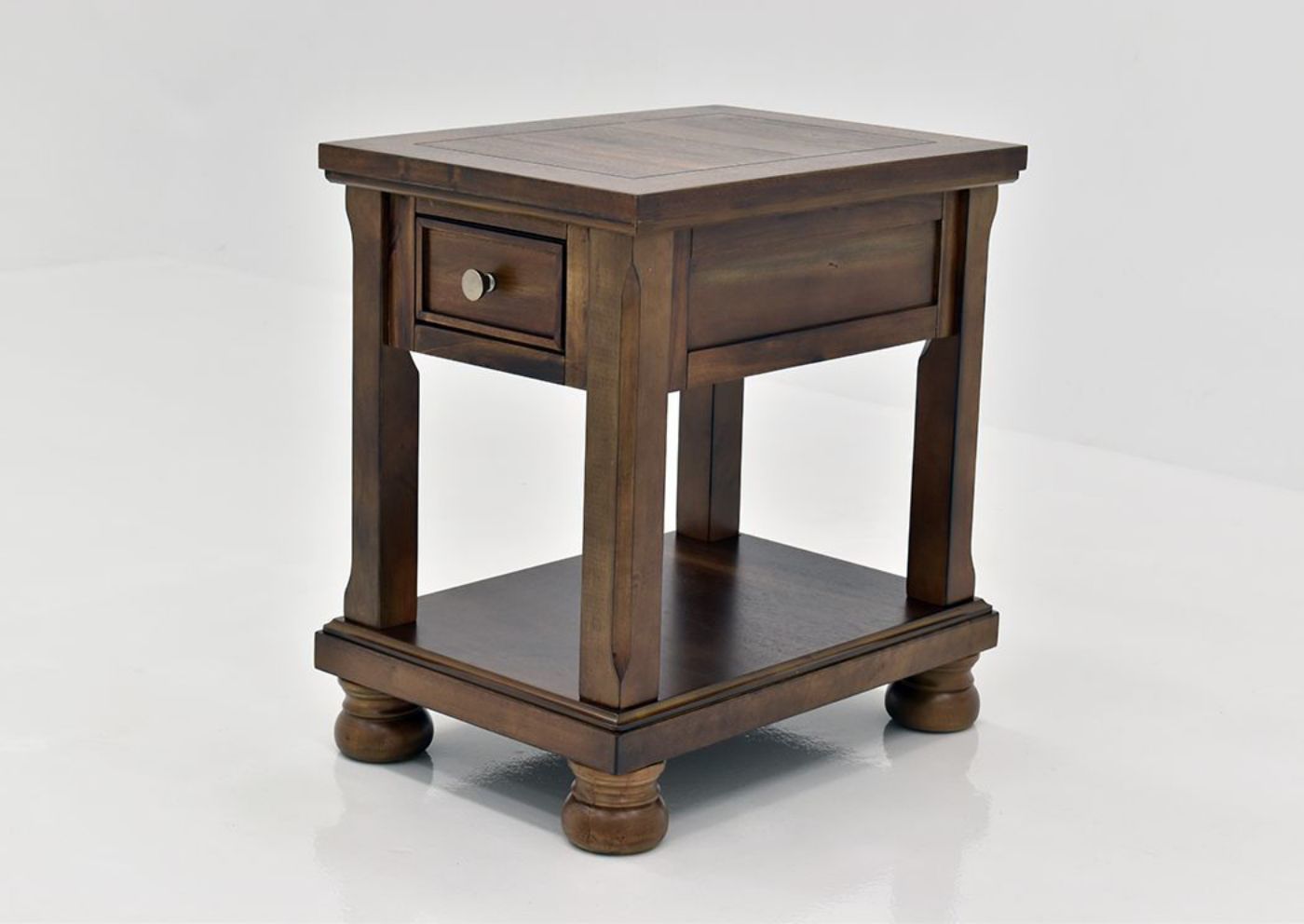 Chestnut Brown Flynnter Chairside End Table by Ashley Furniture at an Angle | Home Furniture Plus Mattress