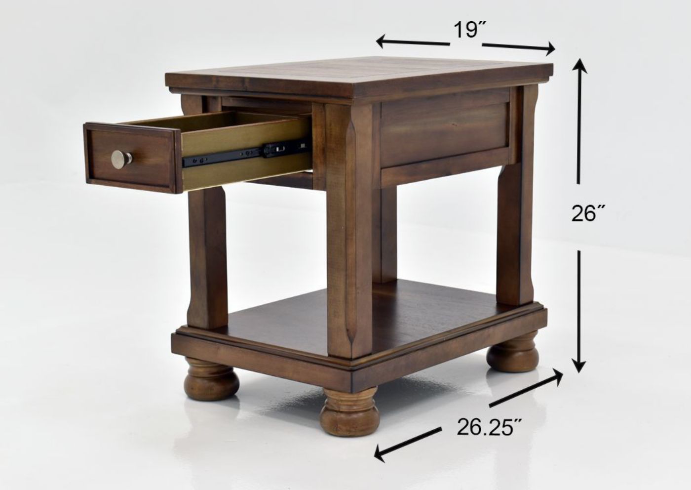 Chestnut Brown Flynnter Chairside End Table by Ashley Furniture Showing the Dimensions | Home Furniture Plus Mattress