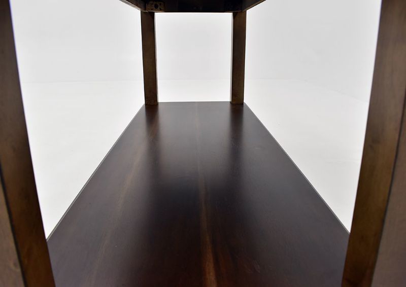 Chestnut Brown Flynnter Sofa Table by Ashley Furniture Showing the Lower Shelf Detail | Home Furniture Plus Mattress