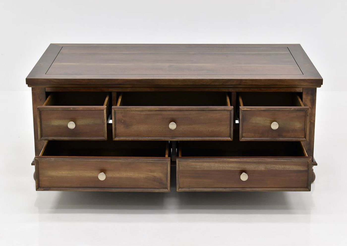 Chestnut Brown Flynnter Coffee Table by Ashley Furniture Facing Front With the Drawers Open | Home Furniture Plus Mattress