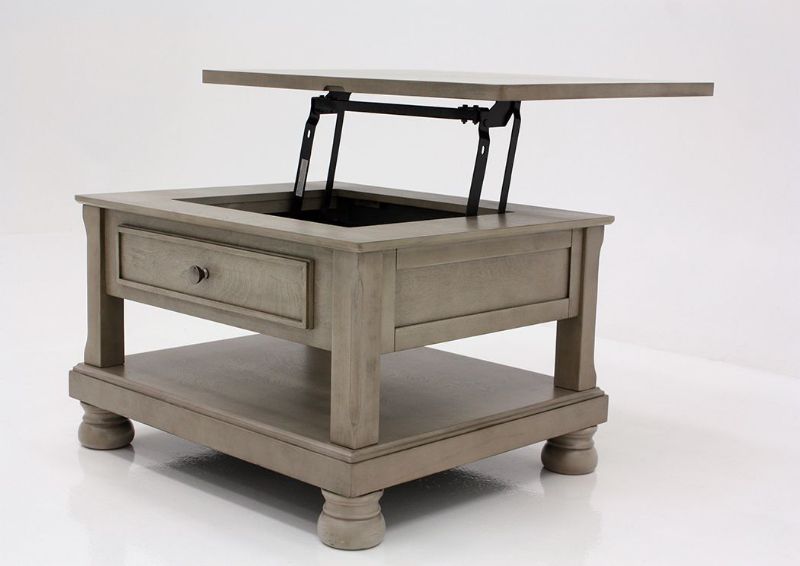 Burnished Gray Lettner Lift-Top Coffee Table by Ashley Furniture at an Angle With Lift Top Up | Home Furniture Plus Mattress