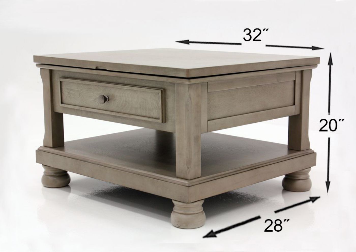 Burnished Gray Lettner Lift-Top Coffee Table by Ashley Furniture Showing the Dimensions | Home Furniture Plus Mattress