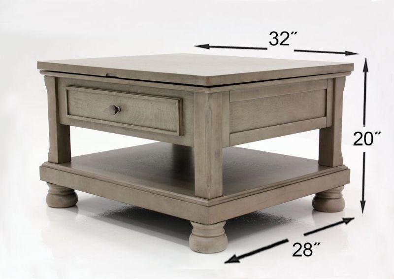 Burnished Gray Lettner Lift-Top Coffee Table by Ashley Furniture Showing the Dimensions | Home Furniture Plus Mattress
