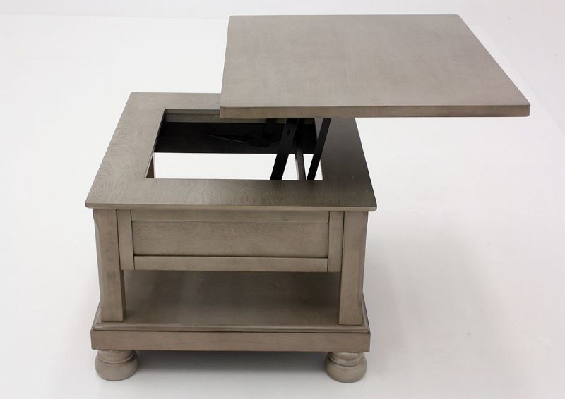 Burnished Gray Lettner Lift-Top Coffee Table by Ashley Furniture Showing the Side View With the Lift Top Up | Home Furniture Plus Mattress