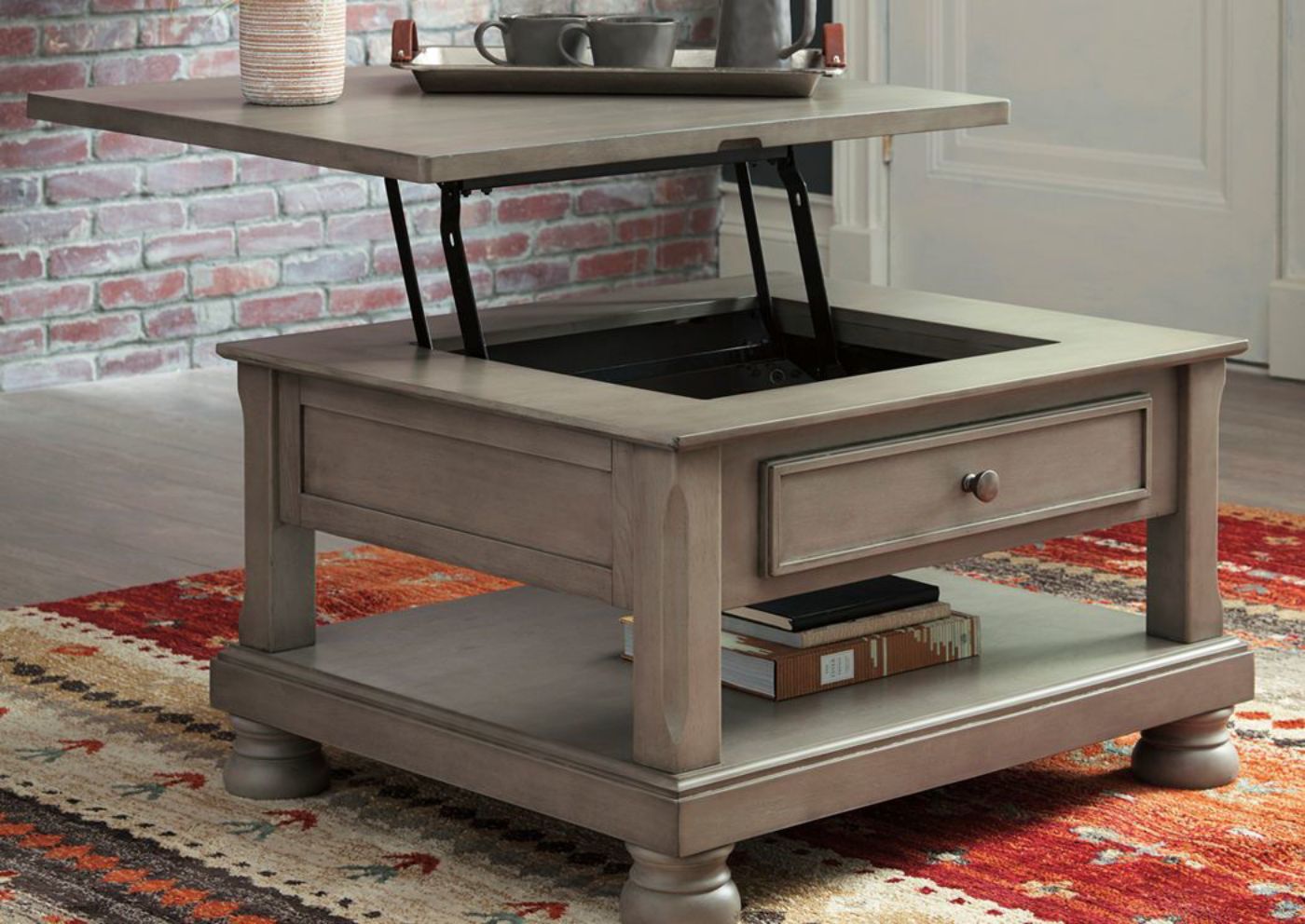 Room Shot of the Burnished Gray Lettner Lift-Top Coffee Table by Ashley Furniture with Lift-Top Open | Home Furniture Plus Mattress
