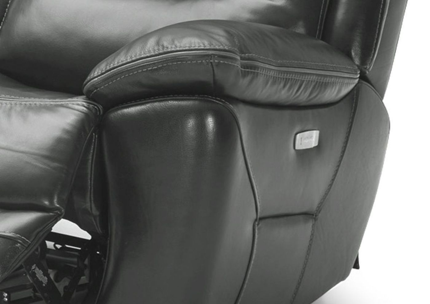 Gray Dallas POWER Reclining Sofa Showing the Pillow Arm and Power Button Detail | Home Furniture Plus Bedding