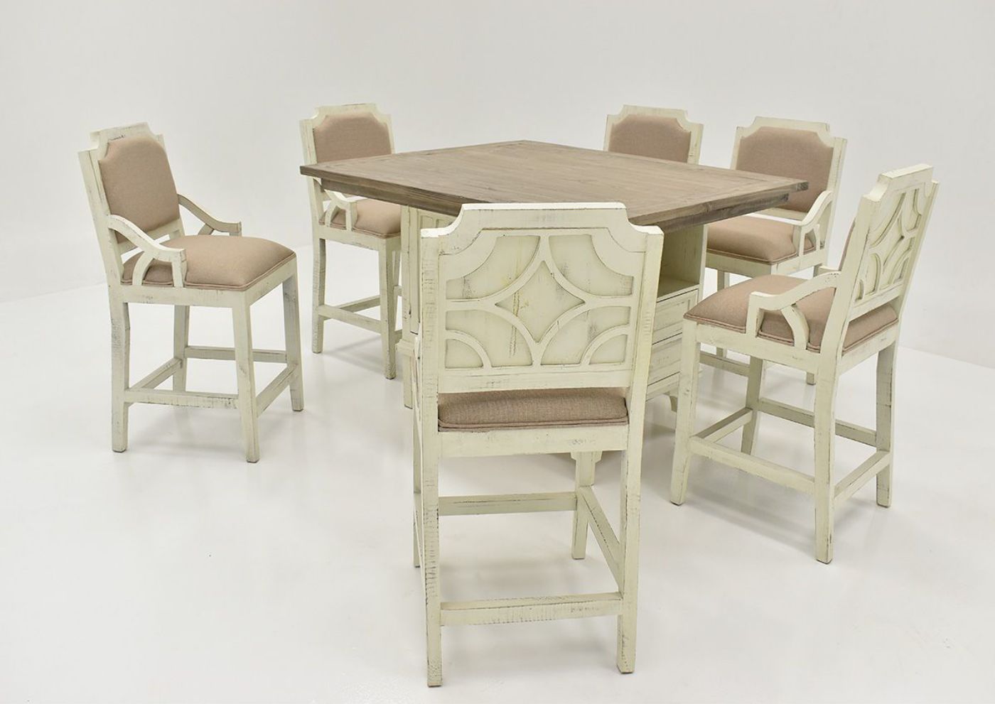 Antique White Westgate 7 Piece Pub Table Set by Vintage Showing the Angle View | Home Furniture Plus Bedding