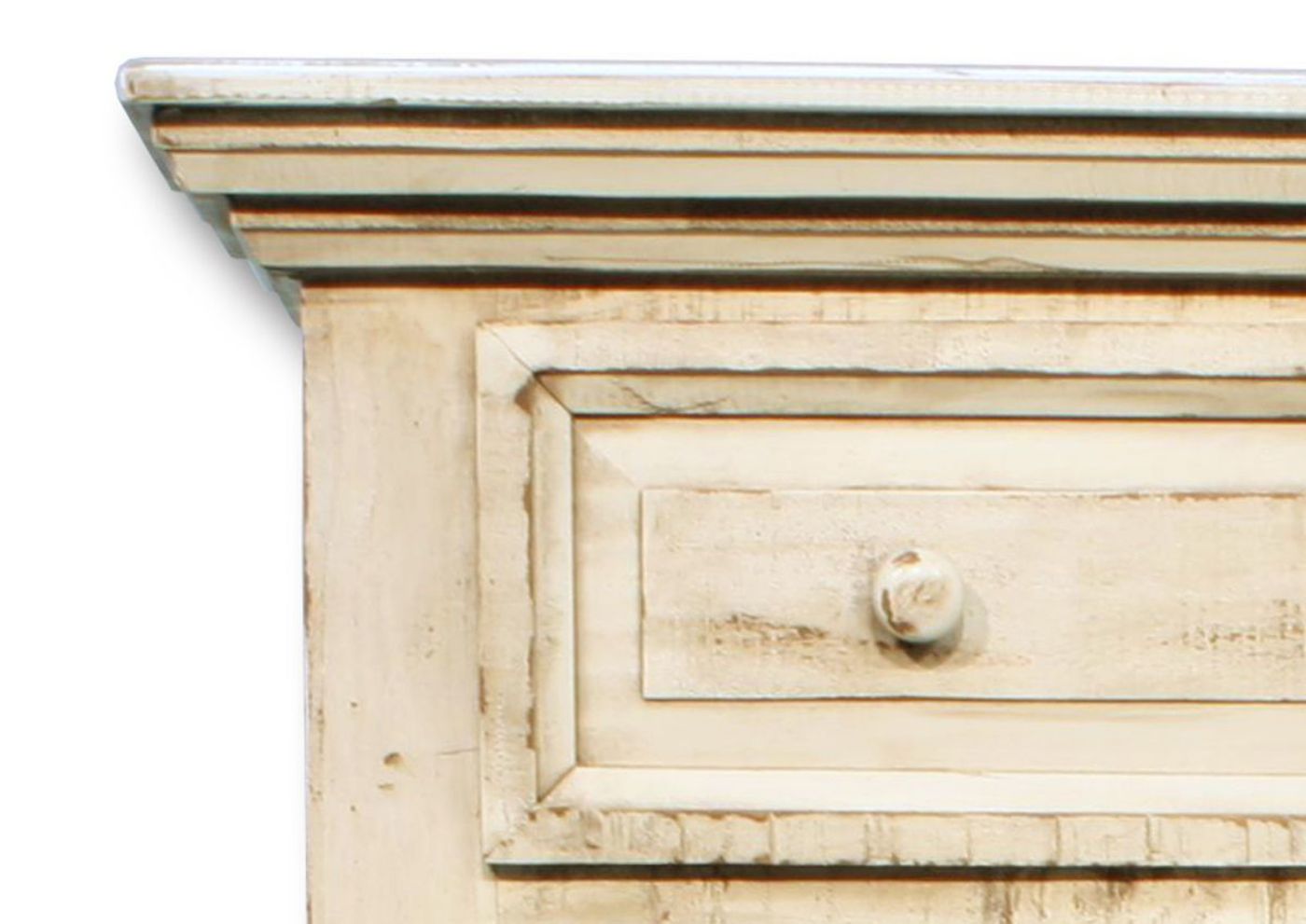 Distressed White Jasper Chest of Drawers Showing the Carved Edge and Drawer Knob | Home Furniture Plus Mattress