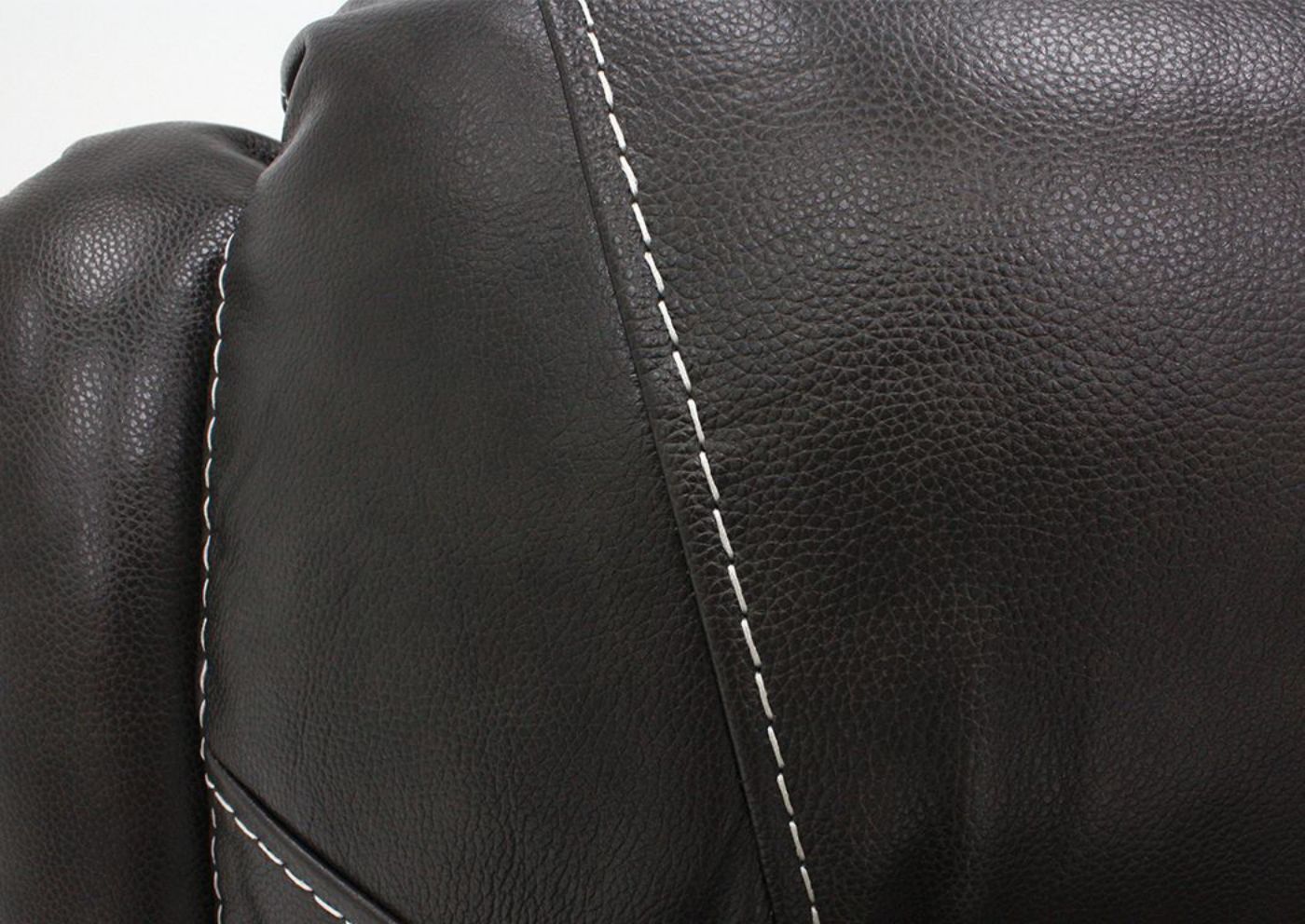Close Up View of the Upper Back Corner on the Dallas POWER Reclining Loveseat with Gray Leather Upholstery | Home Furniture Plus Bedding