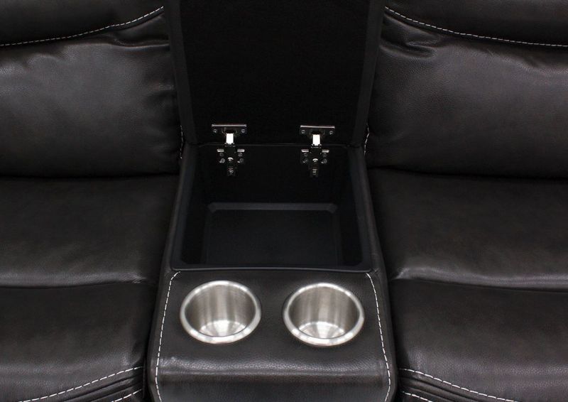 View of the Storage Console and Cup Holders on the Dallas POWER Reclining Loveseat with Gray Leather Upholstery | Home Furniture Plus Bedding
