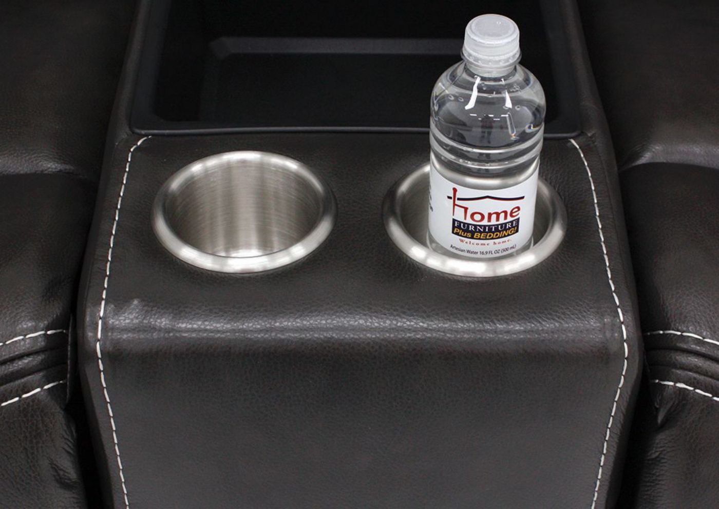 Close Up View of the Cup Holders on the Dallas POWER Reclining Loveseat with Gray Leather Upholstery | Home Furniture Plus Bedding