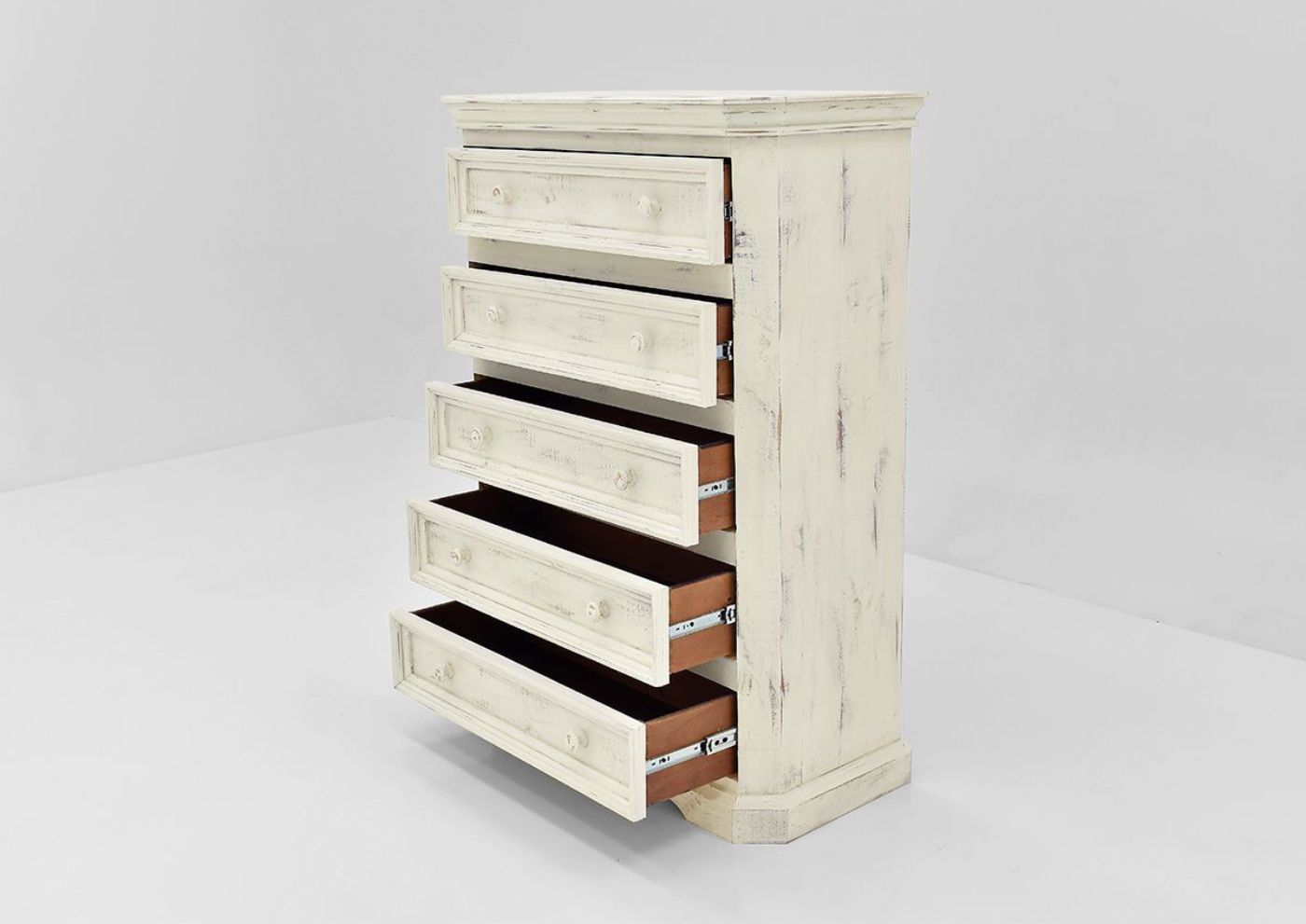 White Westgate Chest of Drawers by Vintage Furniture Showing the Angle View with the Drawers Open | Home Furniture Plus Bedding