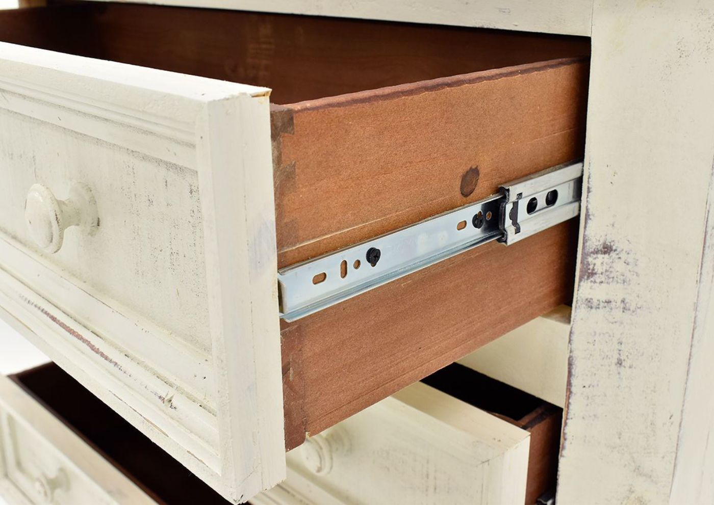 White Westgate Chest of Drawers by Vintage Furniture Showing the Metal Drawer Glides | Home Furniture Plus Bedding