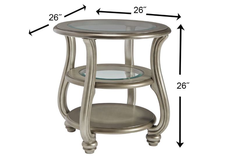 Metallic Silver Coralayne End Table by Ashley Furniture Showing the Dimensions | Home Furniture Plus Mattress