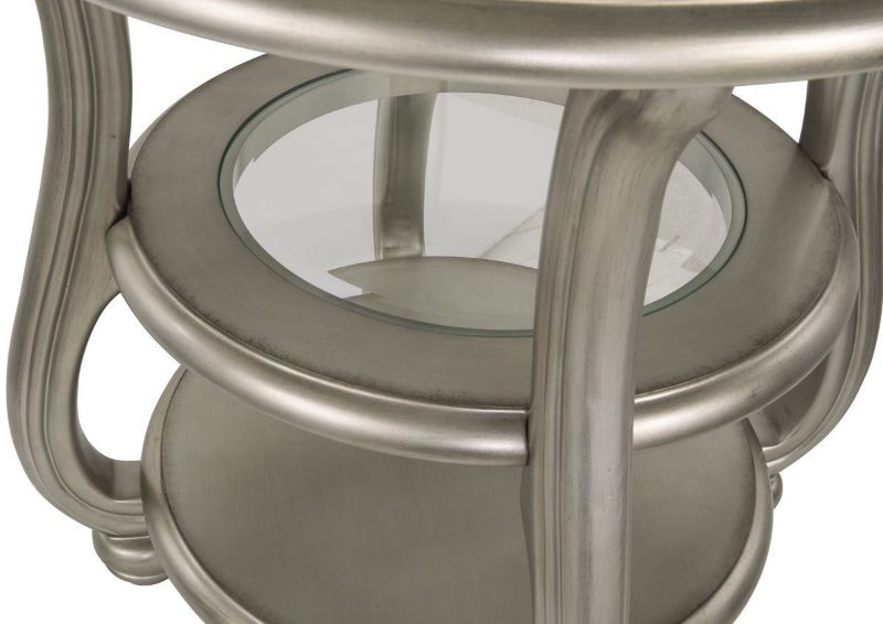 Metallic Silver Coralayne End Table by Ashley Furniture Showing the Shelves from the Top | Home Furniture Plus Mattress