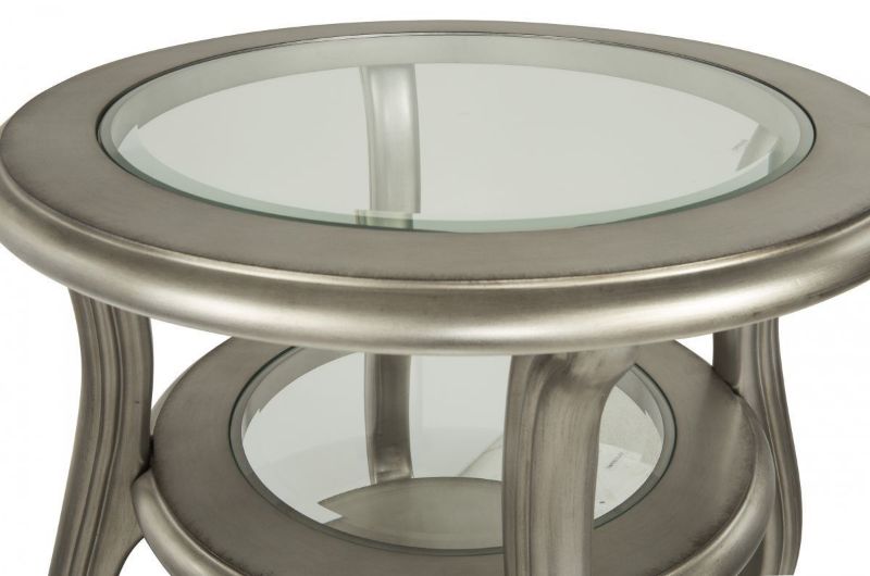 Metallic Silver Coralayne End Table by Ashley Furniture Showing the Glass Top | Home Furniture Plus Mattress