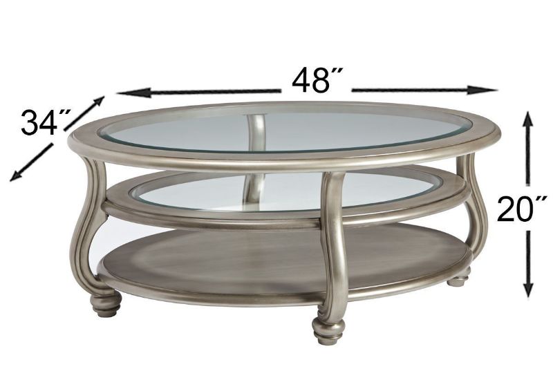 Metallic Silver Coralayne Coffee Table by Ashley Furniture Showing the Dimensions  | Home Furniture Plus Bedding