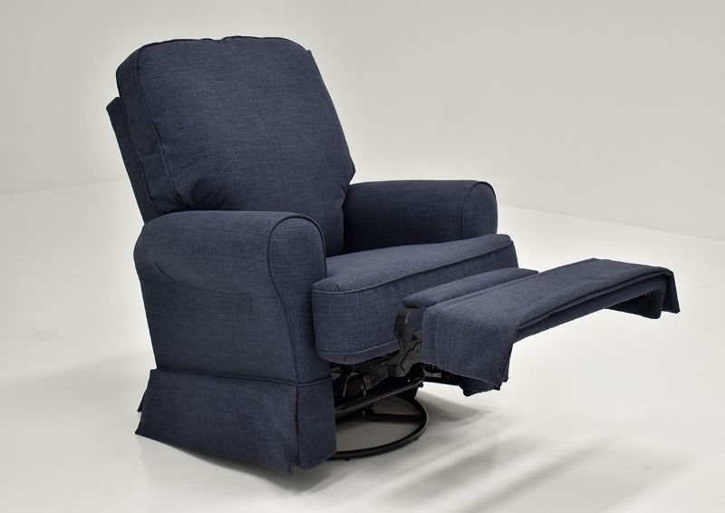 Navy Blue Juliana Swivel Glider Recliner by Best Home Furnishings Showing the Angle View With the Chaise Open, Made in the USA | Home Furniture Plus Bedding