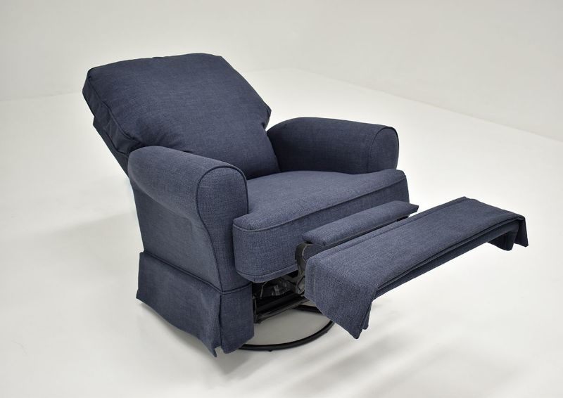 Navy Blue Juliana Swivel Glider Recliner by Best Home Furnishings Showing the Angle View Fully Reclined, Made in the USA | Home Furniture Plus Bedding